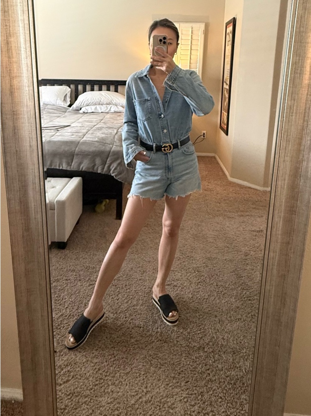 Zara Light Wash Denim Romper XS Long Sleeve Raw Hem Short Jumpsuit NWOT